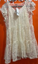 🔥NEW Zara Dress, Ruffle Sleeves, Embroidered Flowers, Ecru, Size Small, B10