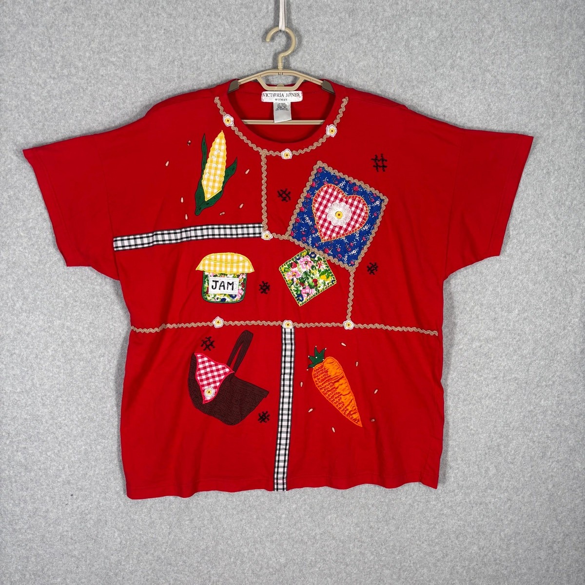 トップス nude vintage Antique Patchworks on the T Vintage 90s Granny Picnic Shirt 3X Patchwork Folk Art Corn Cob