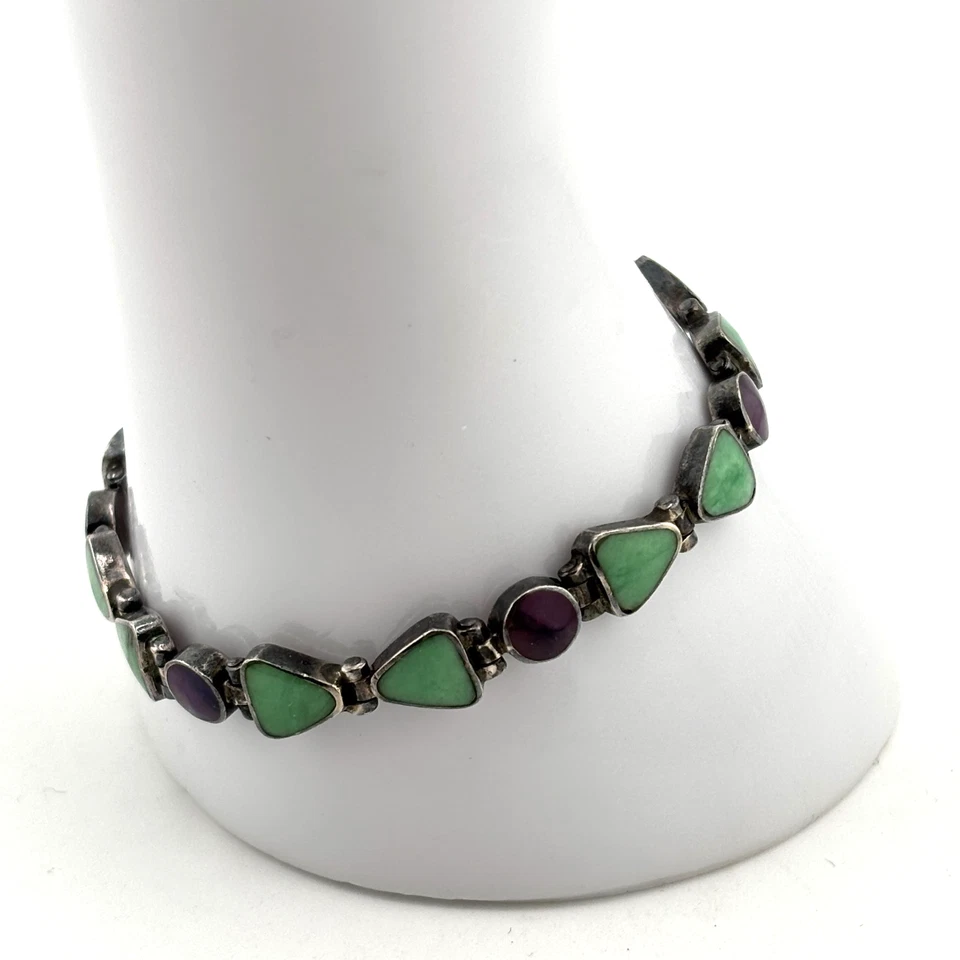 Vintage Sterling Silver Amethyst & Green Garnet Link Bracelet 925 - 7.25" - Image 2 of 4
