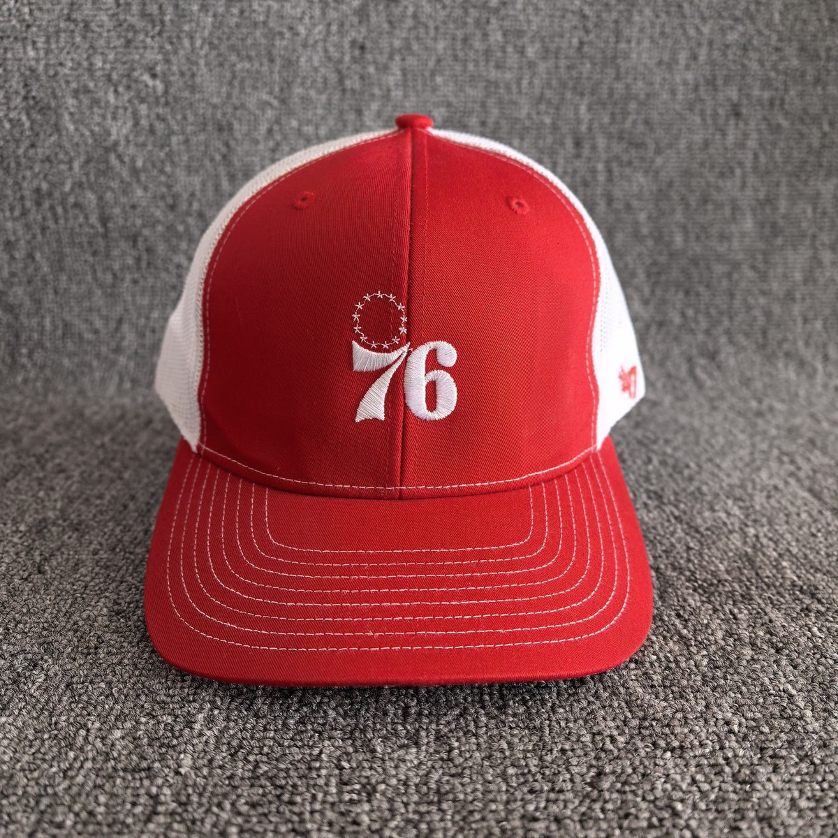 47 Brand Philadelphia 76ers NBA Red White Mesh Trucker Snapback Hat Cap