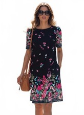 SHEIN Women’s L 8/10 Black Floral Midi Dress Pink Blue Border Print Short Sleeve