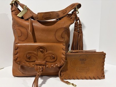 Coach Anna Sui Collaboration Fleur de Lis Brown Leather Shoulder Duffle Bag EUC