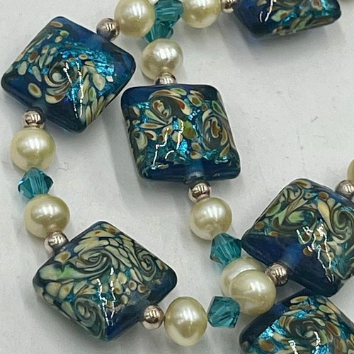 Murano Glass Necklace Sterling Silver Clasp Freshwater Pearls BlueGold Van Gogh