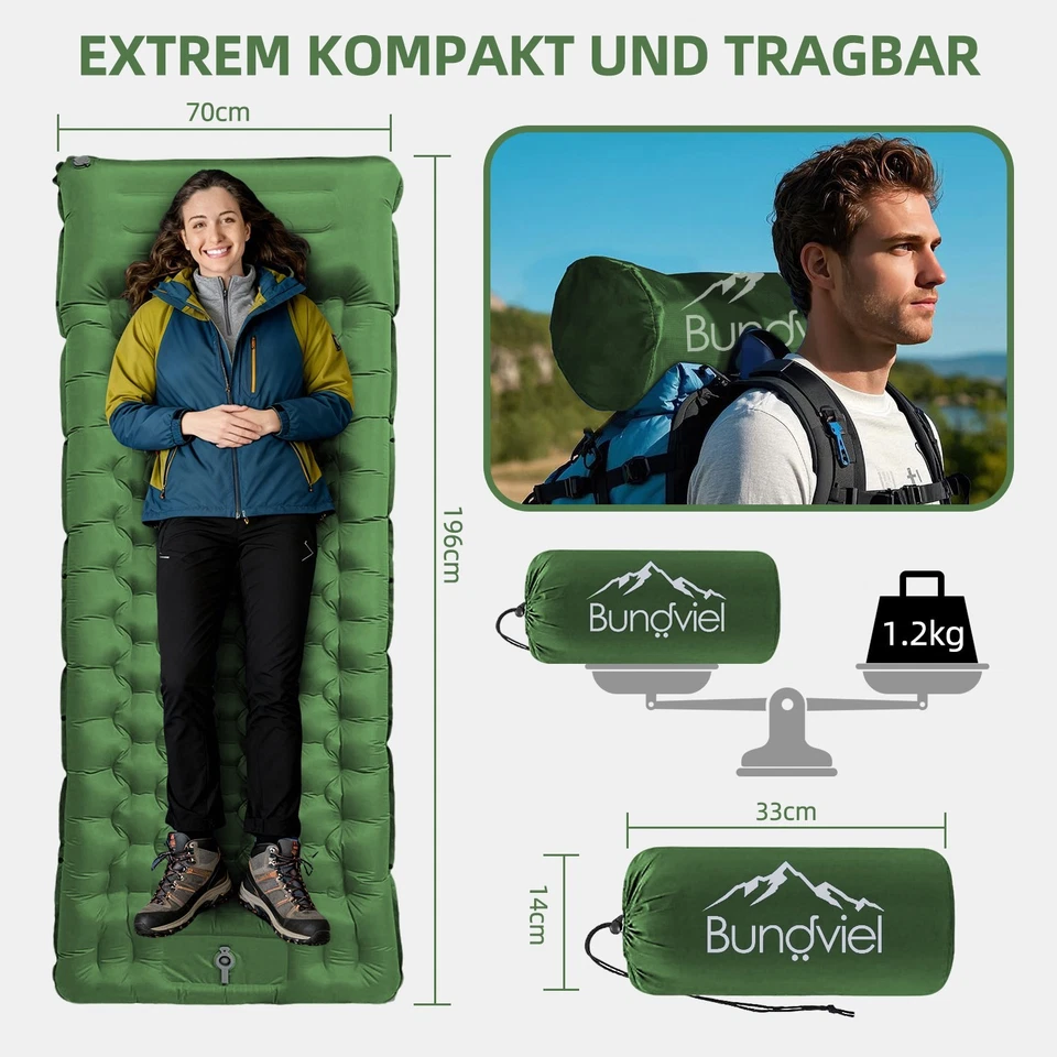Isomatte Selbstaufblasend Ultraleicht 12cm Outdoor Camping Luftmatratze Fußpumpe - Bild 2 von 4