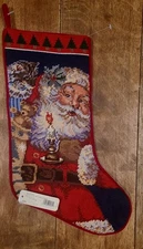 Vintage Wool Needlepoint Christmas Stocking Santa With Kitty Cat Velvet Back NWT