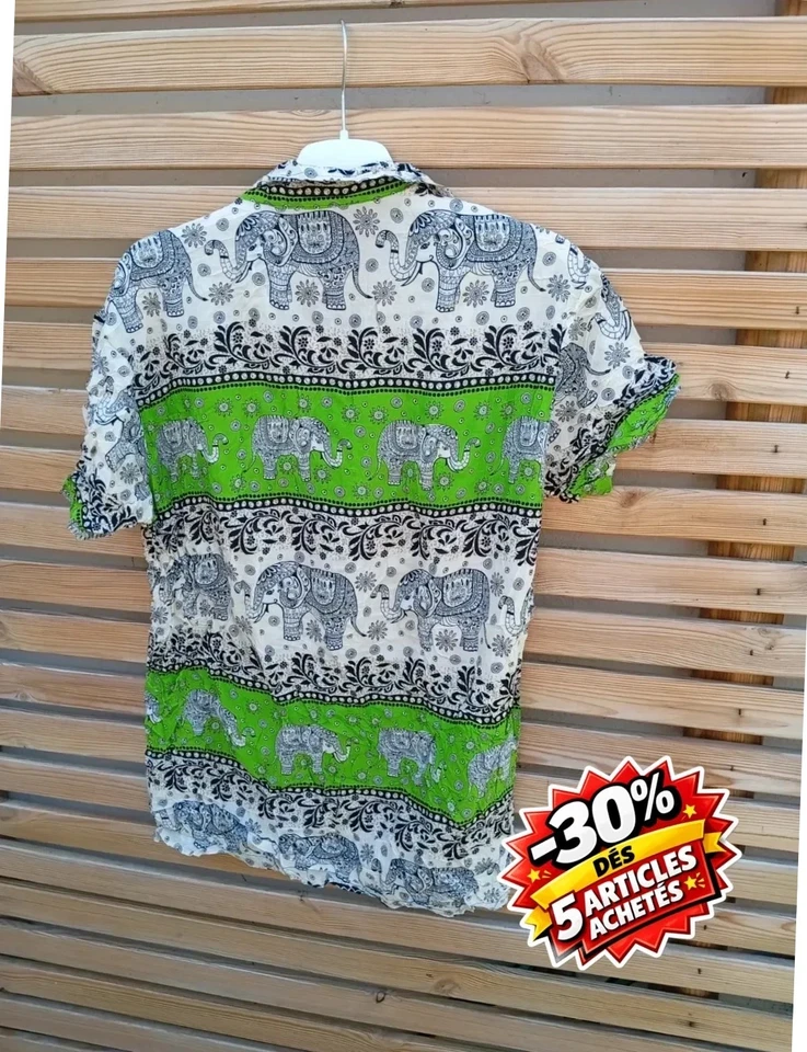 Chemise Hawaïenne Style Indien – Taille M – Vert & Crème – Motif Éléphant Floqué - Photo 2/2