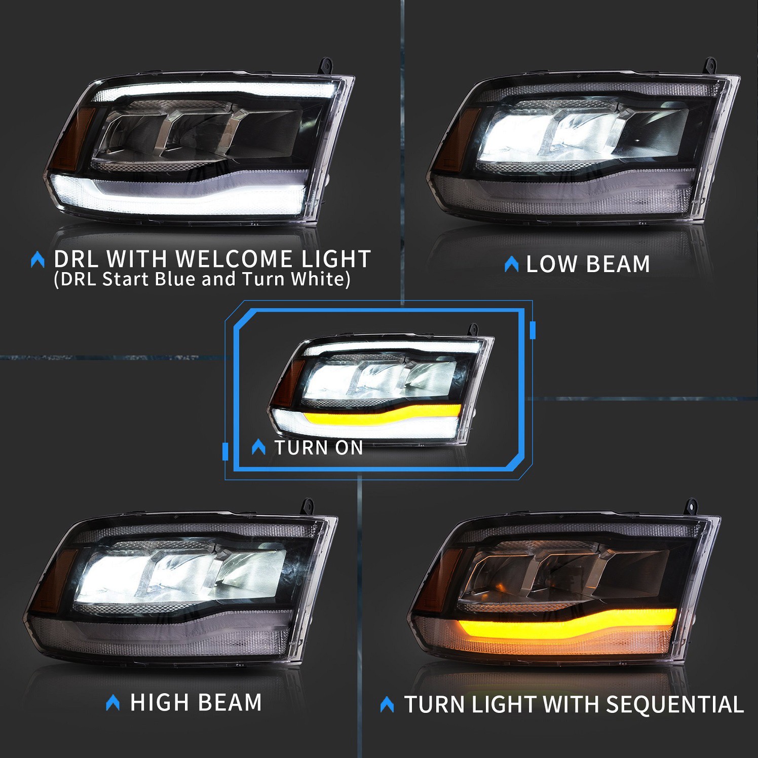 LED HEADLIGHTS w/WHITE DRL For 2009-2018 DODGE RAM W/Animation & Sequential Sig.