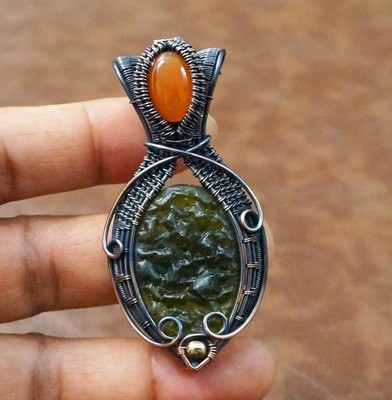 Green Moldavite Onyx Copper Wire Wrapped Pendant Handmade Jewelry (PD-72