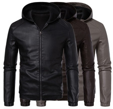Men's Hooded Jacket Motorcycle Faux Leather Classic Coats Casual PU Outerwear
