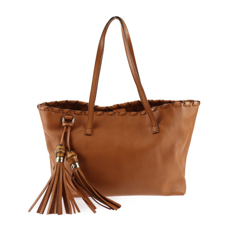 GUCCI Bamboo Leather Tote Bag with Gold Hardware and Shoulder Tassel