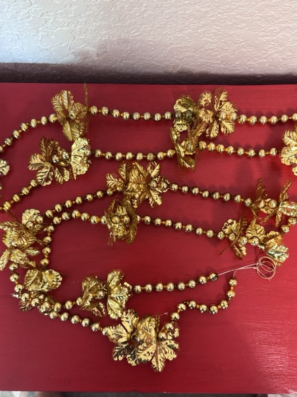 ~ 9ft VTG Gold Double Glass Bead Christmas Garland w/Foil Petal Accents
