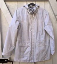 New $118 Izod Full Zip Hooded Women Medium White Grey Windbreaker Golf Jacket Q1
