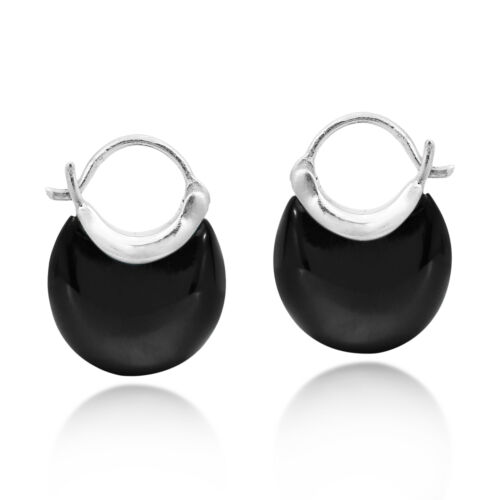 Trendy Black Onyx Disc on Sterling Silver Huggie Hoop Earrings - Picture 1 of 5