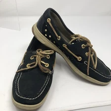 Sperry Top Sider Womens 8 M Loafers Boat Shoes Black And Gold Slip Ons Some Wear