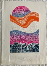 QUADRO PAESAGGIO URBANO ASTRATTO VINTAGE STAMPA ARTISTICA FIRMATO A MANO DA TOM WOOD EDIZIONE LIMITATA