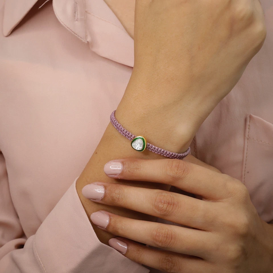 Brazalete ajustable trenzado hilo macramé rosa diamante plata de ley 925 Foto 4 de 4