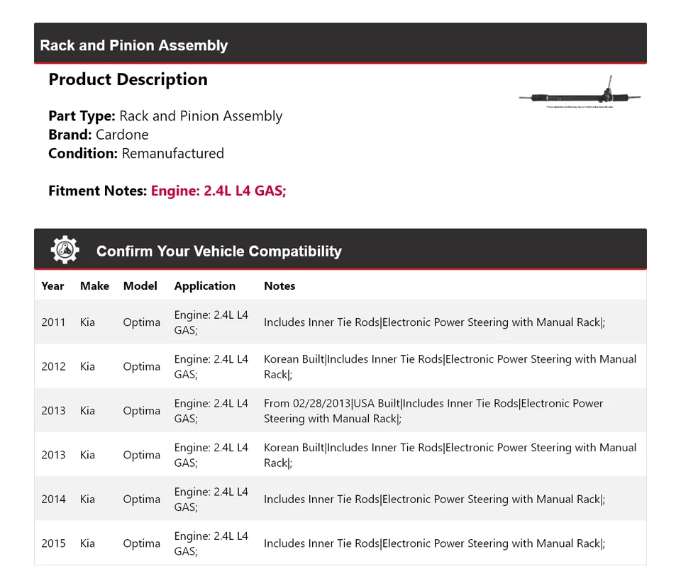 Conjunto de piñón y cremallera de gas Cardone 2012 2013 para Kia Optima 2011-2015 2,4 L L4 Foto 2 de 4