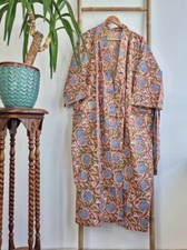 Indian Robe Gown Dress New Cotton Long Kimono Peach Floral Women's Nightwear US