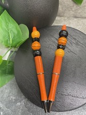 2 PC Handmade Wood Bead Rhinestone Black Ink Pen Set Basketball Sports B3437