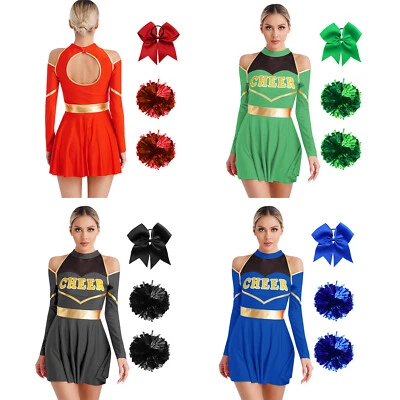 TIAOBUG Damen Cheerleader Kostüm Cheerleading Kleid mit Pompoms Haarband Halloween Party