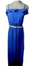 Nwt STITCH Ruffle Dress women M Blue Flirty +belt Rockabilly Chiffon Sexy Summer
