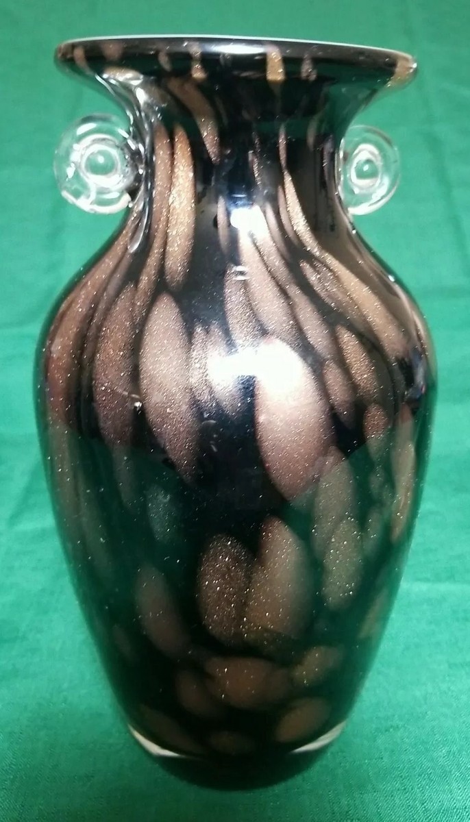 Murano Aventurine Vase Black Glass w/ Copper Flakes Venetian Italy