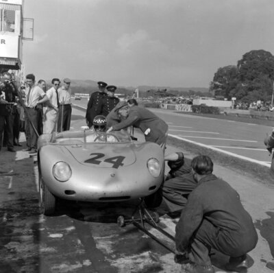 Hans Herrmann Chris Bristow Porsche 718 RSK makes a pitstop 1959 Old Photo