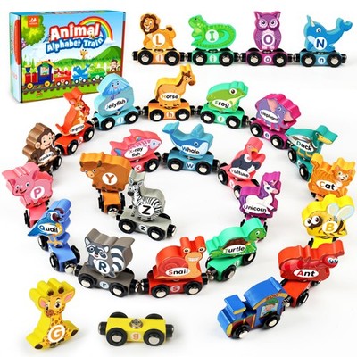 Vanmor Wooden Alphabet Train Set for Toddlers 3-5, Magnetic Animal ABC Train ...