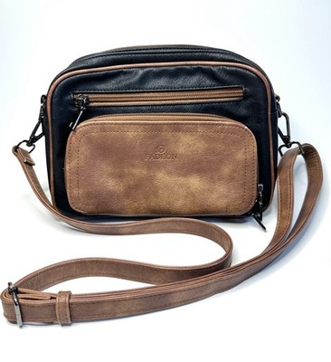 FADEON Black Tan Faux Leather Crossbody Bag Multi Zipper Organizer Card Holder
