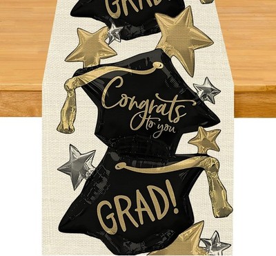 Watercolor Graduation Cap Table Runner 13x72 Inch Washable Kitchen Party Decor