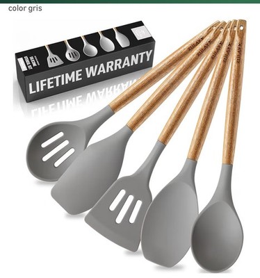 Zulay Kitchen 5PSilicone Cooking Utensil Set Wooden Handle Spatula SpoonNonstick
