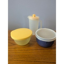 Vintage Tupperware Toy Mini Pitcher and Bowls Set Yellow Blue 6 Piece Mixed Lot