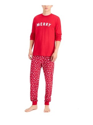 FAMILY PJs Mens Merry Red Printed Long Sleeve T-Shirt Top Pajamas S