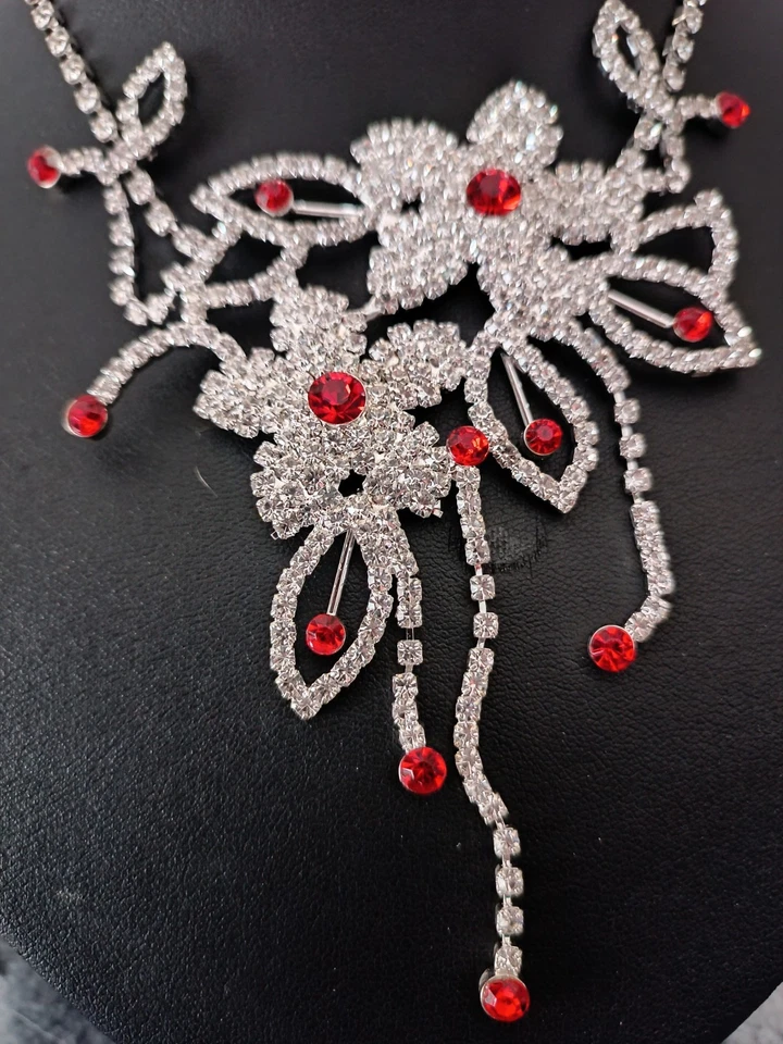 KETTE  Statement Collier Silberfarben/Klar/Rot Blume Alu Modeschmuck  - Bild 2 von 4