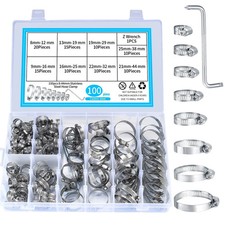 100pcs Adjustable Stainless Steel Hose Clamps Assortment Kit 8-44mm Worm G...