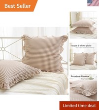 2 Pack Taupe White Plaid Ruffle Square Euro Pillow Shams, 100 Washed Cotton ...