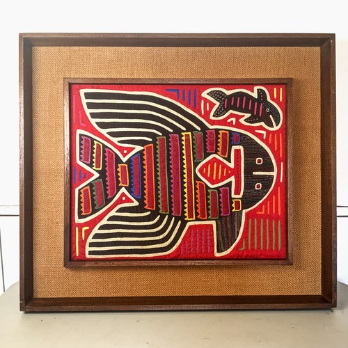 MCM Framed Kuna Mola Textile Art Fish Shadow Box Wood Burlap Wall Decor 60s 70s