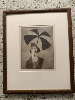 Carl Daugherty Art Deco Intaglio Etching  Umbrella Girl  1920 s A. P.