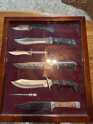 7 piece Bowie Style Knives Set Wooden Display Case Stainless Steel
