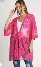 Umgee Floral Lace Open Front Kimono Cover Up Front Tie Womens M Boho Tropical