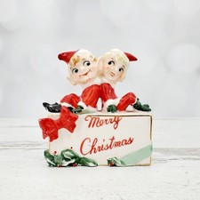 Vintage Kreiss Elves Pixies Sitting On Present "Merry Christmas" Figurine AS-IS