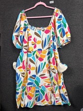 Tabitha Brown Target Dress Womens 2X White Multi Leaf Print Linen Blend Tiered