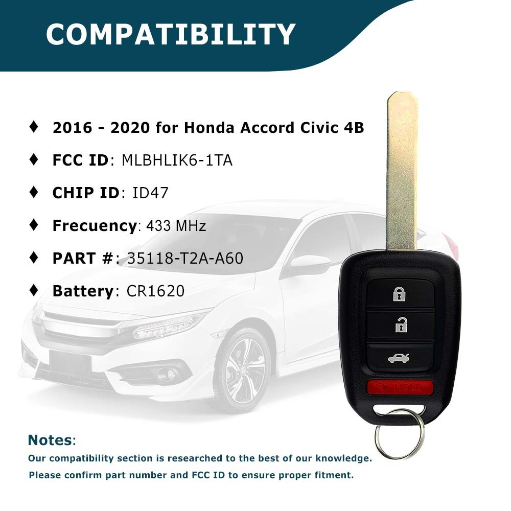 Replacement for Honda Civic LX 1617 2018 2019 2020 Remote Key Fob