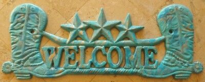 Large Cast Iron Boots and Stars WELCOME sign, turquoise