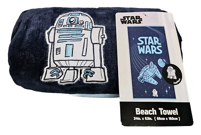 Star Wars Embroidered Blue Beach Towel 34'' × 63'' w/ R2-D2 Millennium Falcon New