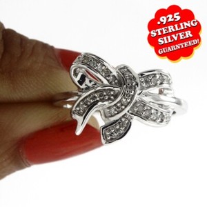 Authentic 0.13 Cttw Natural Diamond Bow Promise Ring 14K White Gold Plated Sterling Silver