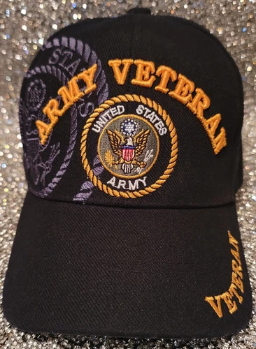 VINTAGE U. S. ARMY VETERAN EMBROIDERED ADJUSTABLE BLACK HAT CAP