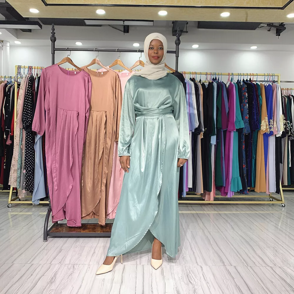 Satin Abaya Dubai Muslim Women Long Maxi Dress Kaftan Cocktail Arab Dress  Gown