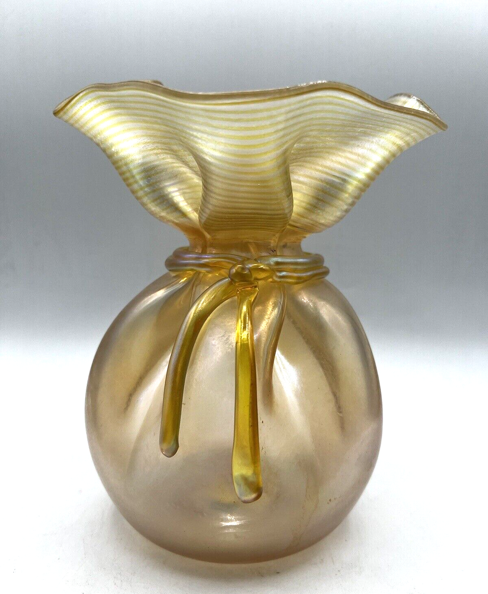 Orient & Flume Gold Luster Iridescent Art Glass Tied Bag Vase