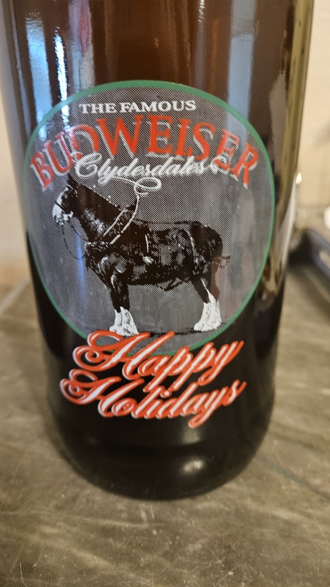 Budweiser Large 14 1/2” Clydesdales Happy Holidays Glass Bottle